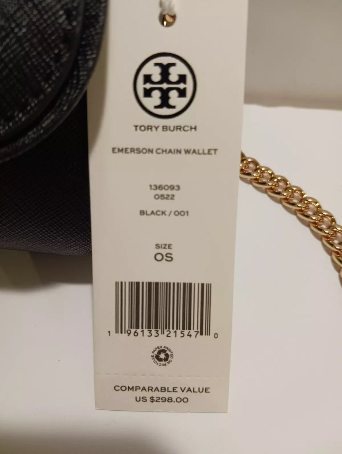 NWT Tory Burch Emerson Chain Wallet/Crossbody Bag Saffiano Leather Black